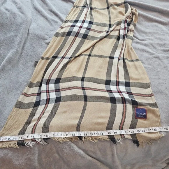 Tartan 100% Viscose Camel Red Black White Plaid Large  Scarf Classic Academia - Picture 5 of 8
